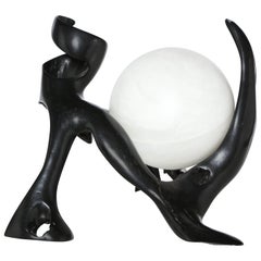 Craft Revival Black Lacquered Wood and White Alabaster "Moon" Table Lamp