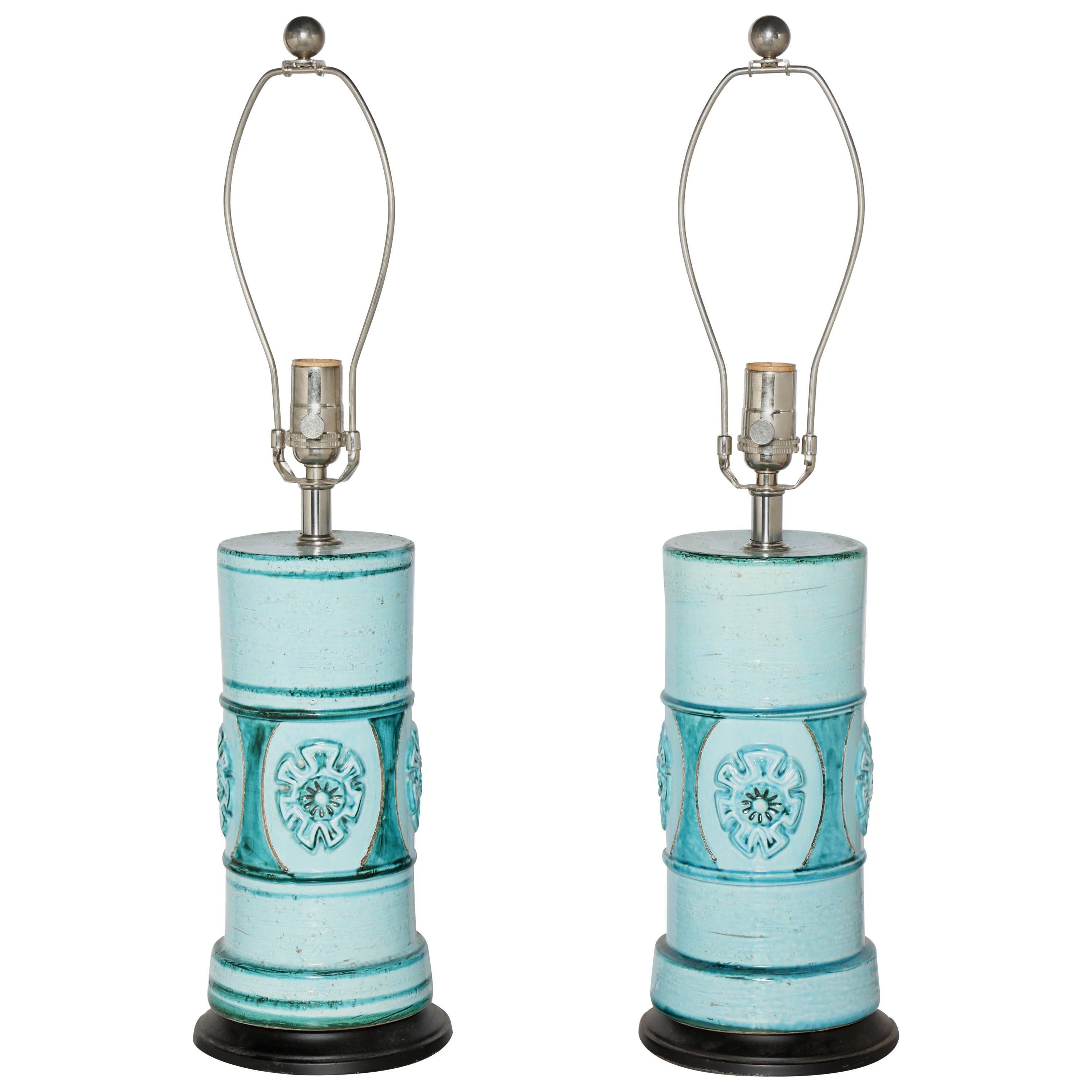 Pair of Aldo Londi for Bitossi Pale Aqua and Turquoise Ceramic Table Lamps 