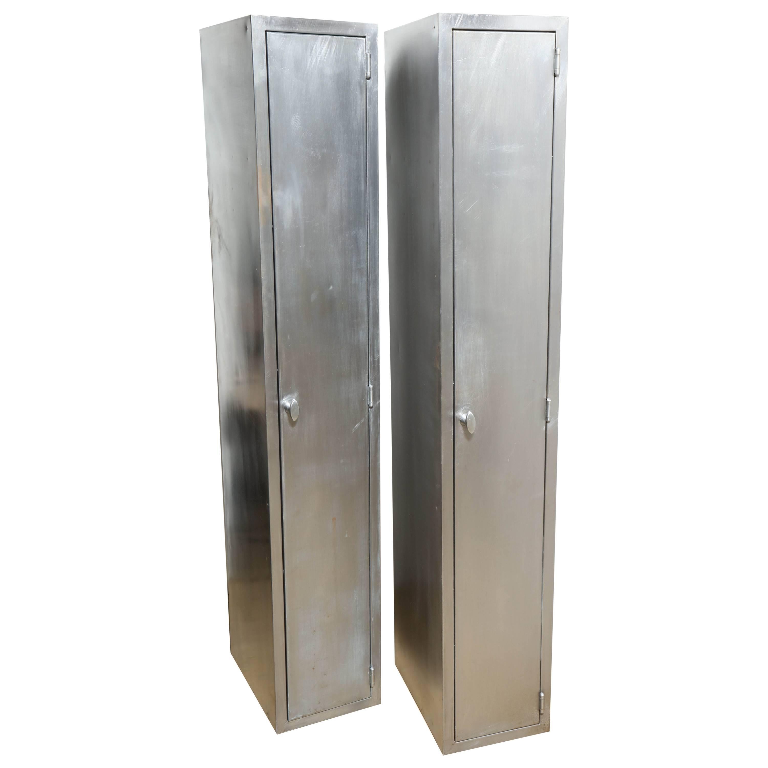 Two Tall & Narrow 1950s Industrial, Brushed Steel Armoires 
