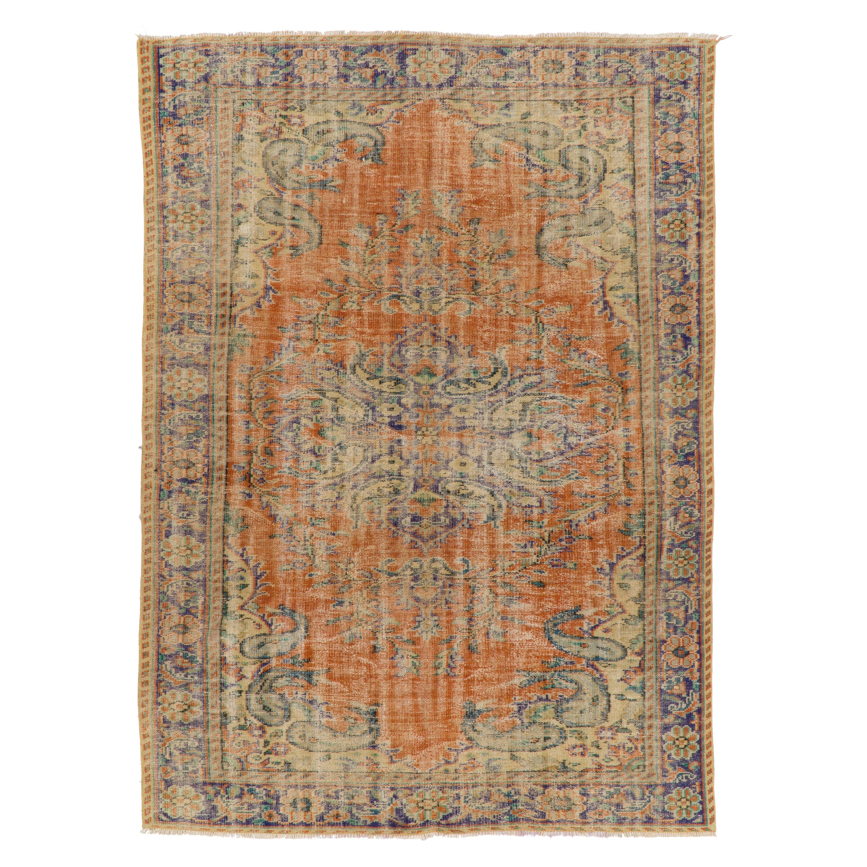6.4x9 ft Vintage Handmade Turkish Wool Area Rug with Medallion Design