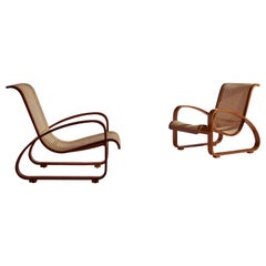 Porino, Pair of Curved Beechwood and Cane Armchairs, Italy, 1930s