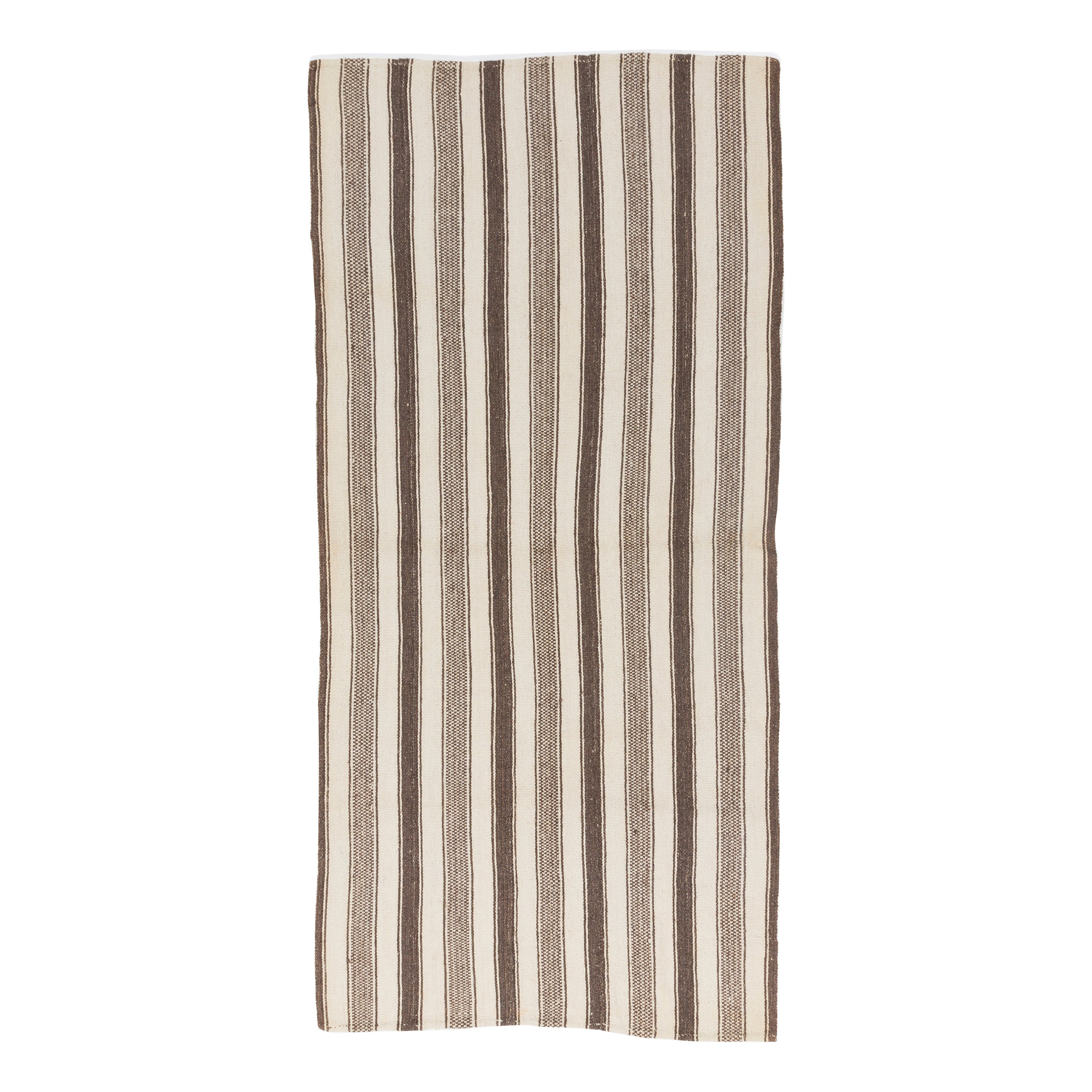 4.4x9.2 Ft Vintage Striped Turkish Kilim Rug Made of Natural Beige & Brown Wool