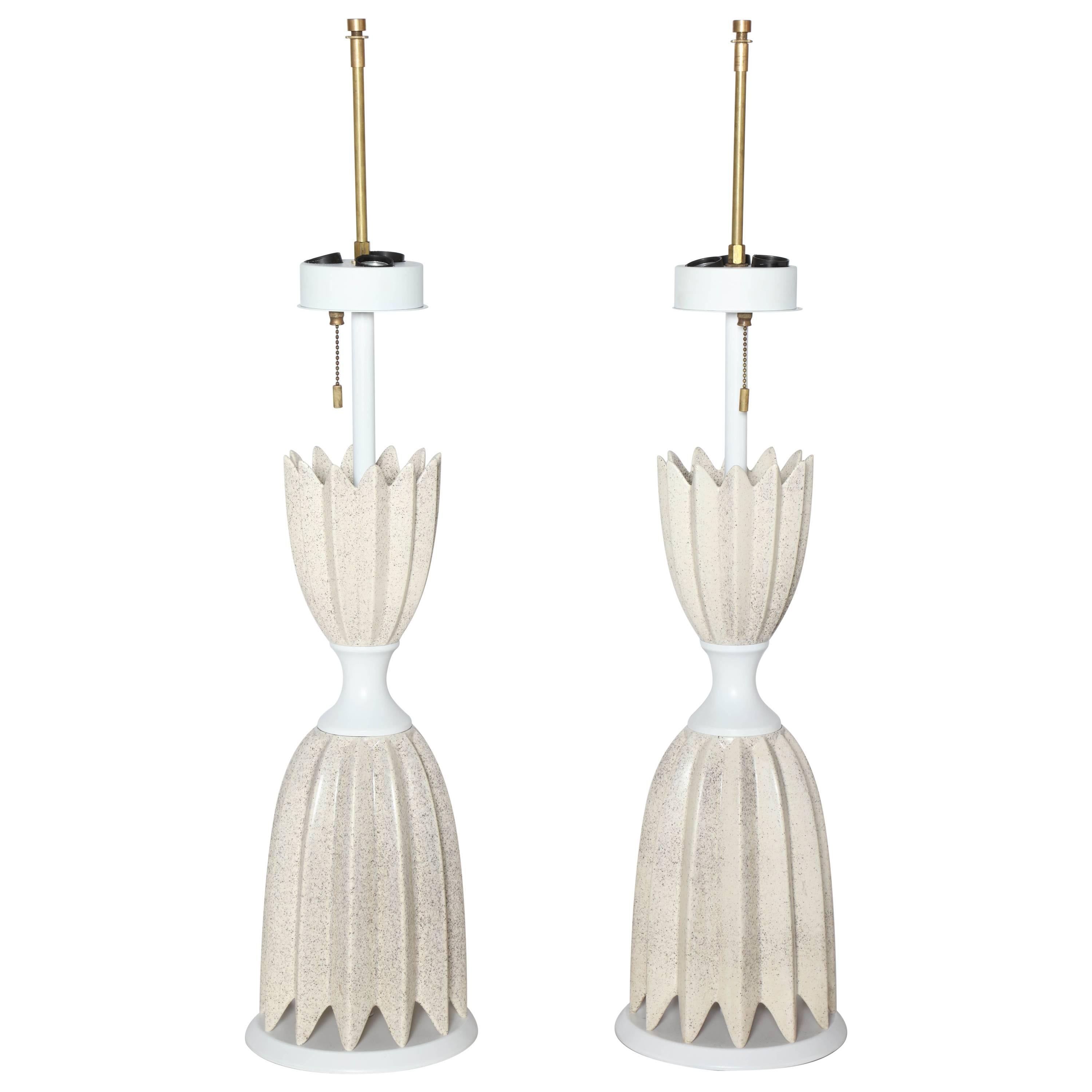 Monumental Pair of Gerald Thurston for Lightolier Neutral Ceramic Table Lamps.  Featuring an abstract hourglass shape, in natural, Cream, Sand, Eggshell Ceramic accentuated with Dark Brown speckled glaze. White enameled metal neck, waist and round