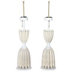 1950s Tall Pair of Gerald Thurston Eggshell Floriform Ceramic Lamps with White 11