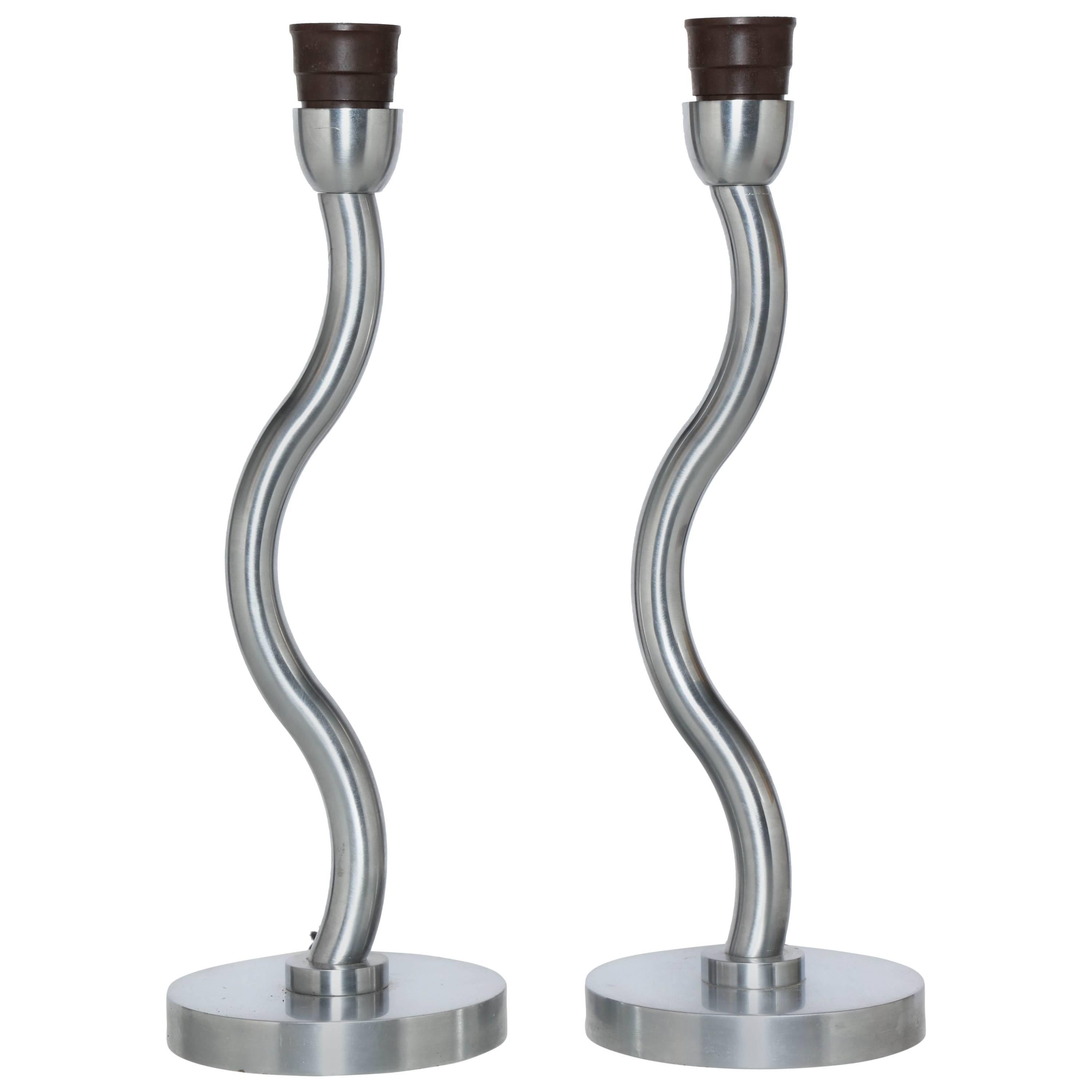 Pair of Post Modern Precision Machined Brushed Steel "Serpentine" Bedside Lamps