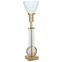 Gilbert Rohde for Mutual Sunset Brass & Glass Rod Table Lamp with Shade, 1940s  