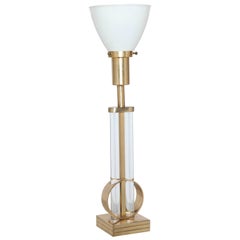 Gilbert Rohde for Mutual Sunset Brass & Glass Rod Table Lamp with Shade, 1940s