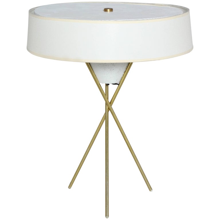 Gerald Thurston for Lightolier Brass Tripod Table Lamp with White Linen