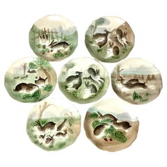 19th Century Bunny Rabbit Choisy-Le-Roi Majolica Plates, France- Set of 7