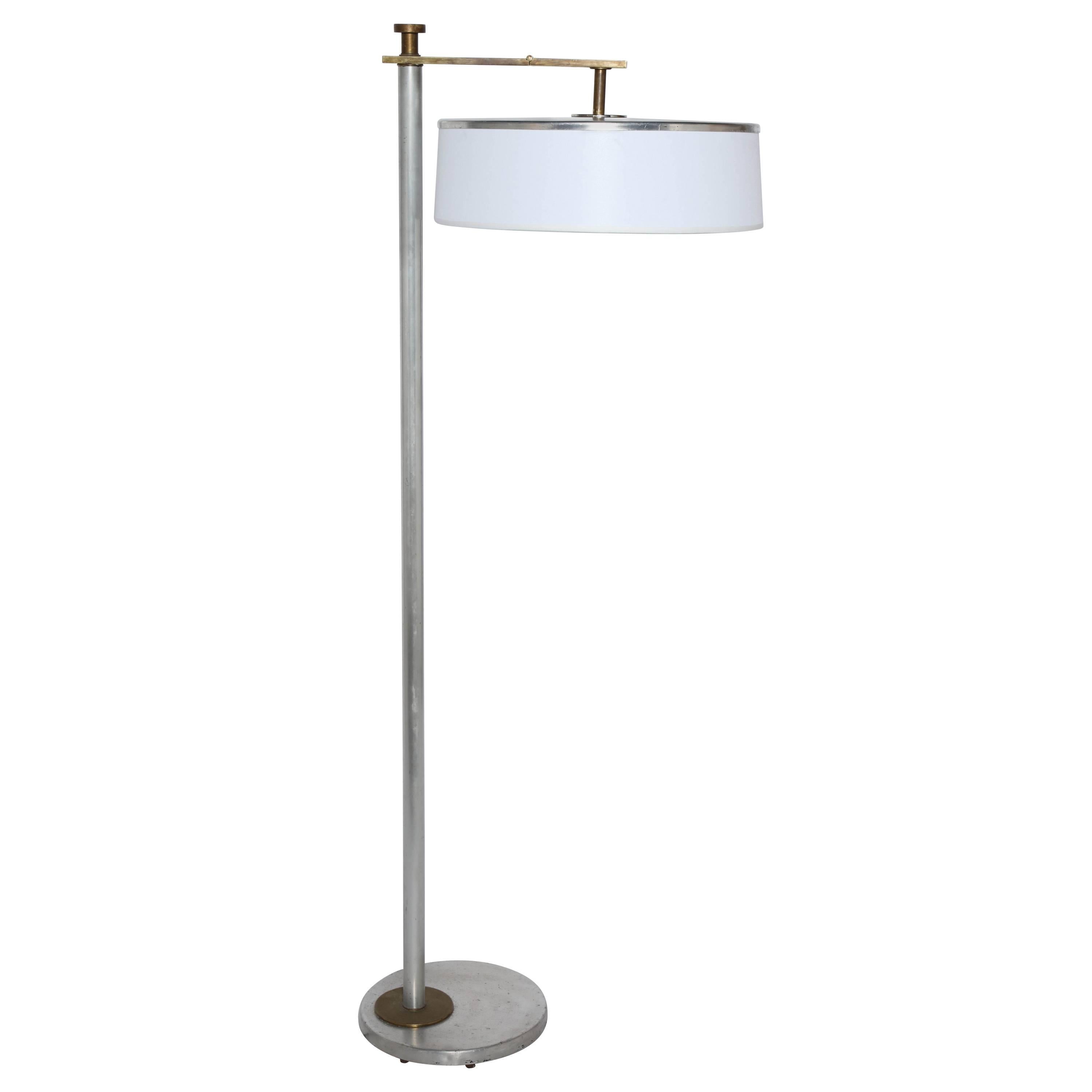 Kurt Versen Brushed Aluminum & Brass Flip Top Floor Lamp with White Shade, 1930s