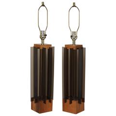 Pair of 1960's Architectural Walnut Table Lamps with Smoked Lucite Panels 7