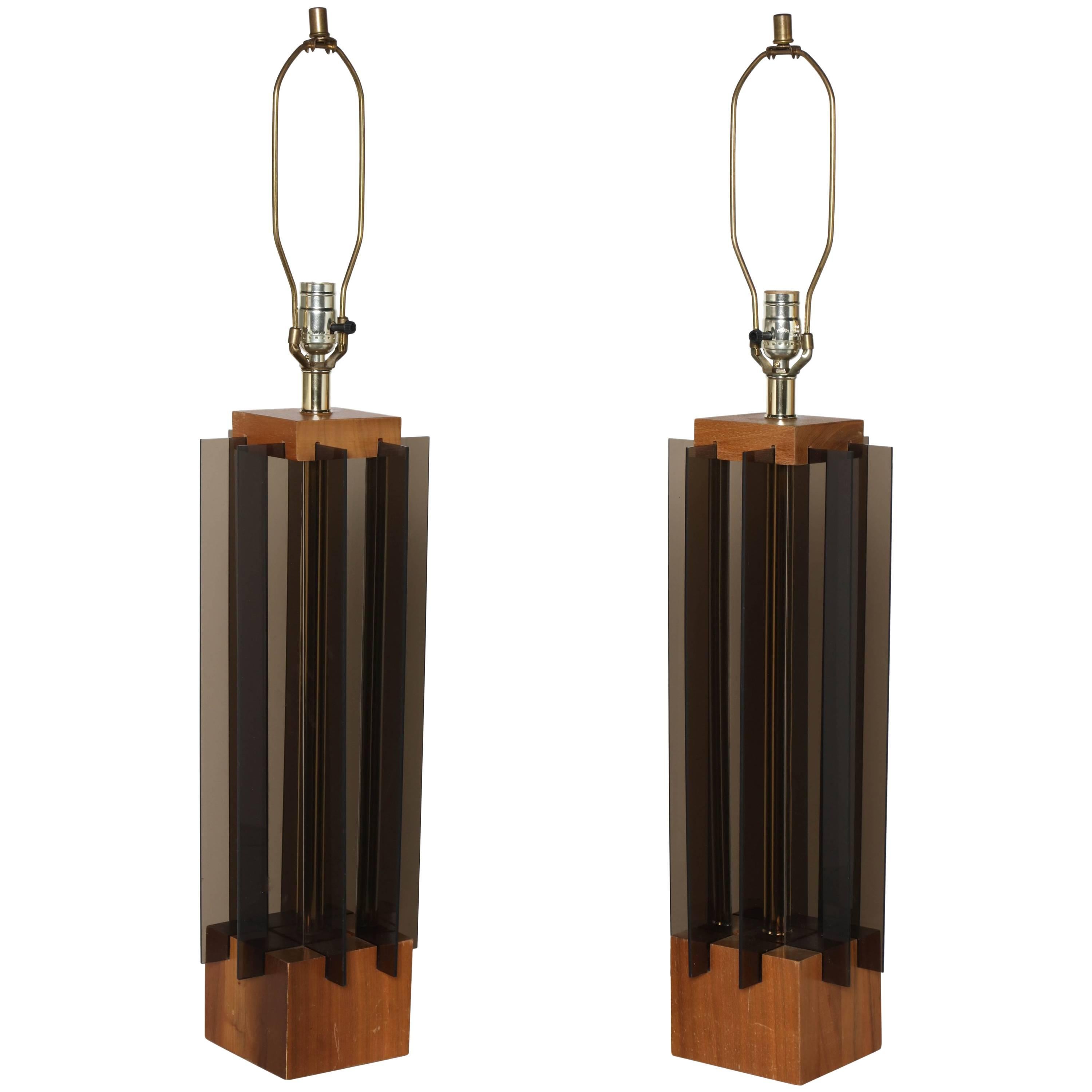 Tall Pair of Laurel Co. Walnut and Smoked Lucite Paneled "Tower" Table Lamps