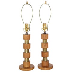 Pair of Russel Wright Style Machine Age Stacked Maple and Brass Table Lamps