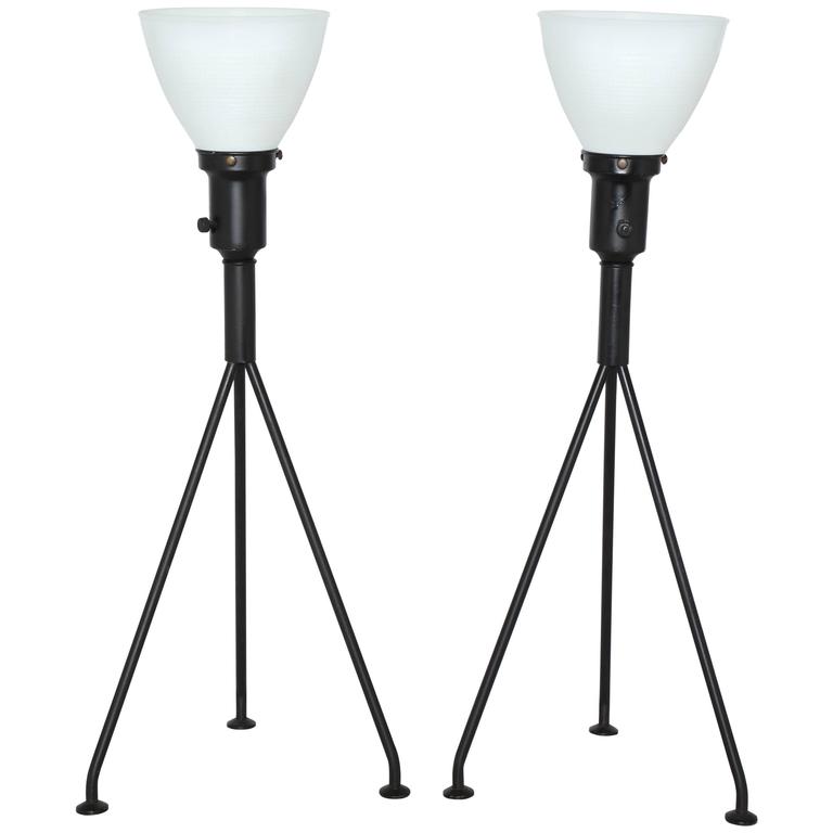 Pair Of Gerald Thurston Black Iron Tripod Table Lamps With White Pair Of Gerald Thurston Black Iron Tripod Table Lamps With White Glass Shades For