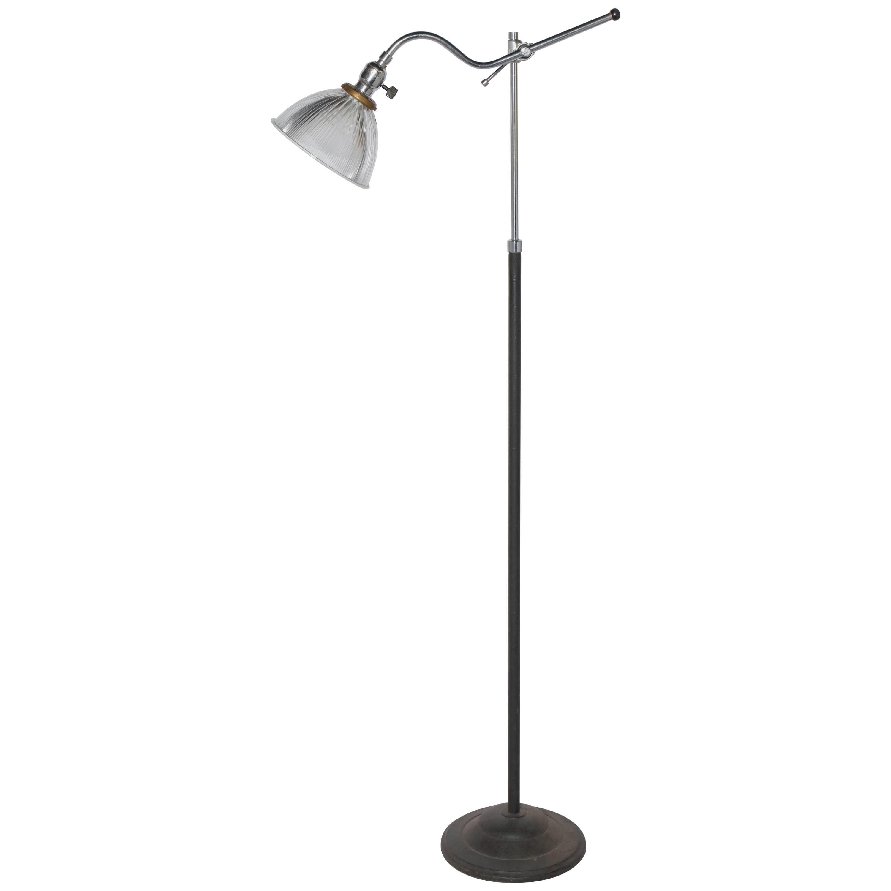 Circa 1930 Cast Iron & Chrome Articulating Floor Lamp with Holophane Shade For Sale