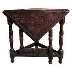 Antique English Corner End Table Handkerchief Drop Leaf Carved Tiger Oak Square
