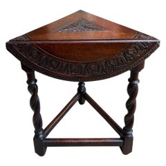 Antique English Corner End Table Handkerchief BARLEY TWIST Carved Oak ROUND