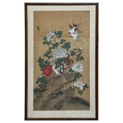 Chinese "Birds and Peony" Ink and Color on Silk Painting, Qing Dynasty, China