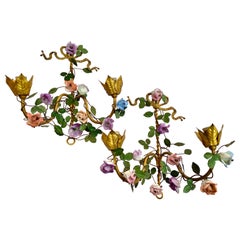 French Wall Sconces Gilt Metal With Porcelain Flowers, Set 2, 1930s