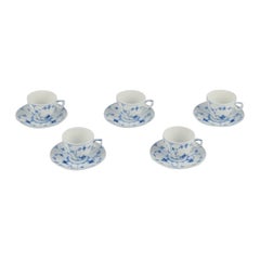 Royal Copenhagen Blue Fluted Plain. Five coffee cups with saucers.