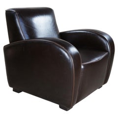 Vintage Italian Art Deco Style Upholstering Brown Leather Club Lounge Armchair
