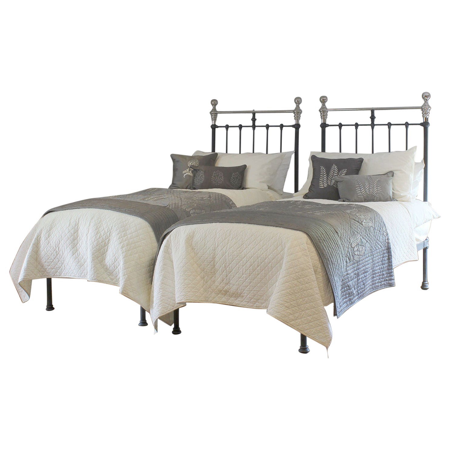 Matching Pair of Platform Antique Beds in Charcoal with Nickel MP62