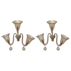 Mid-Century Modern Lavender Swirl Italian Murano Glass Wall Sconces - Pair