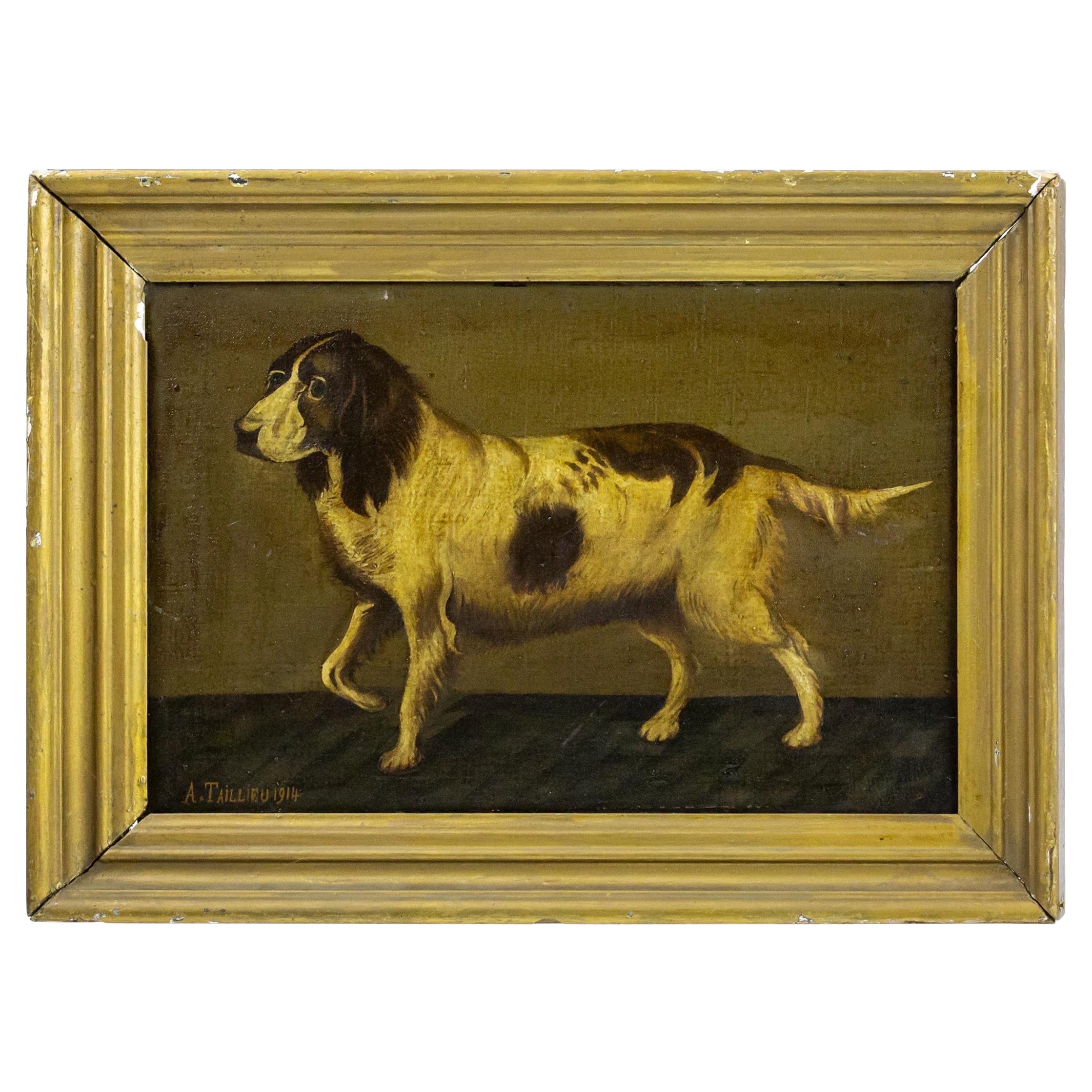 Óleo sobre lienzo primitivo de principios del siglo XX de un Spaniel