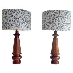 Antique Victorian Set Of 2 Walnut Table Lamp, Turned Lamp With Shades, 1800s