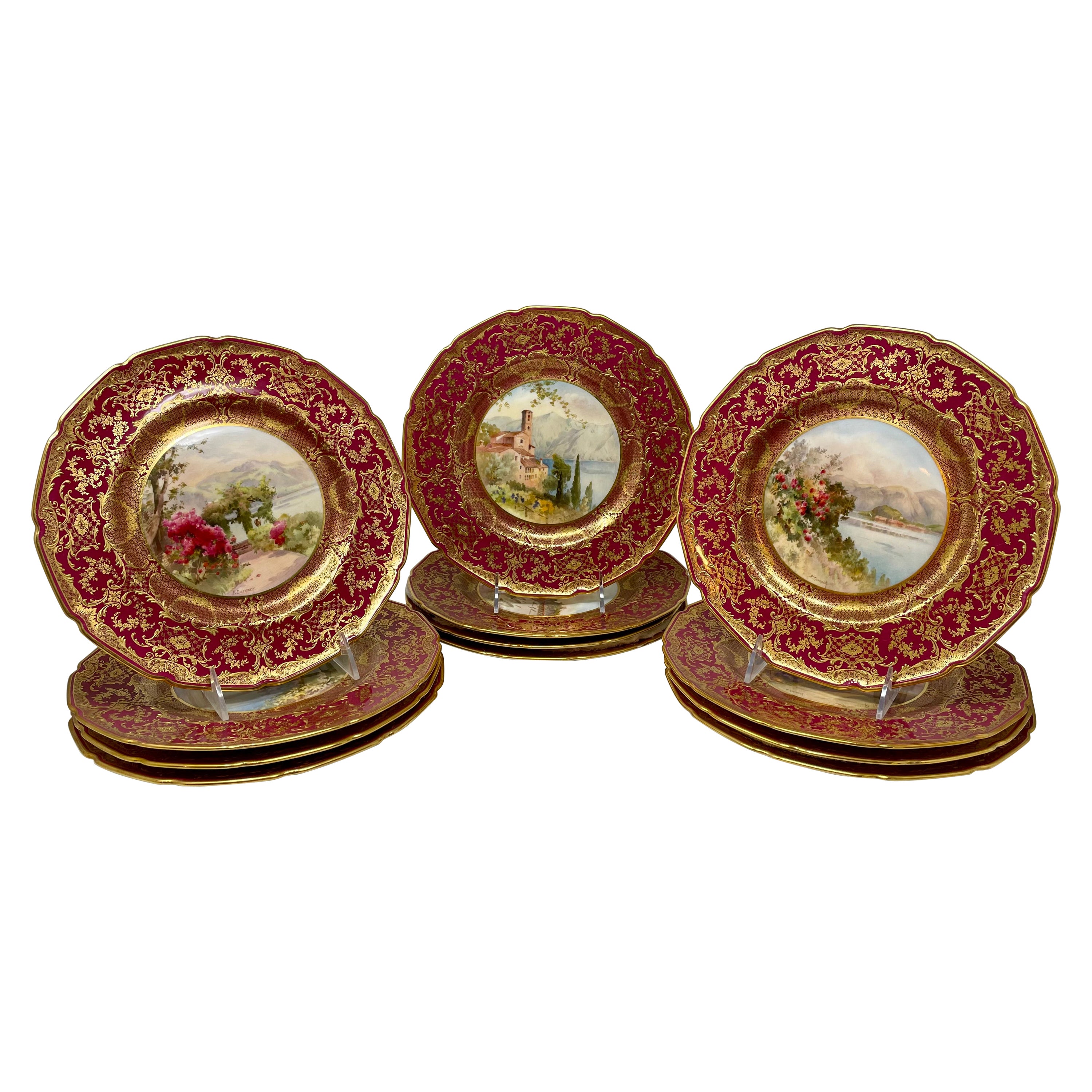 Set of 12 Estate 1930's English Royal Doulton Porcelain Red & Gold Chargers