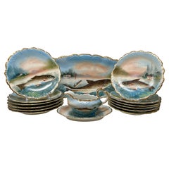 Antique French Servicio de 15 Piezas de Porcelana Azul y Dorada de Limoges, Circa 1870.