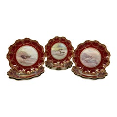 Set of 10 Antique English Royal Doulton Red and Gold Porcelain Game Birds Plates