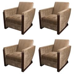 Set of Four Art Deco Club Chairs in Macassar and Smoked Bronze Velvet Upholstery