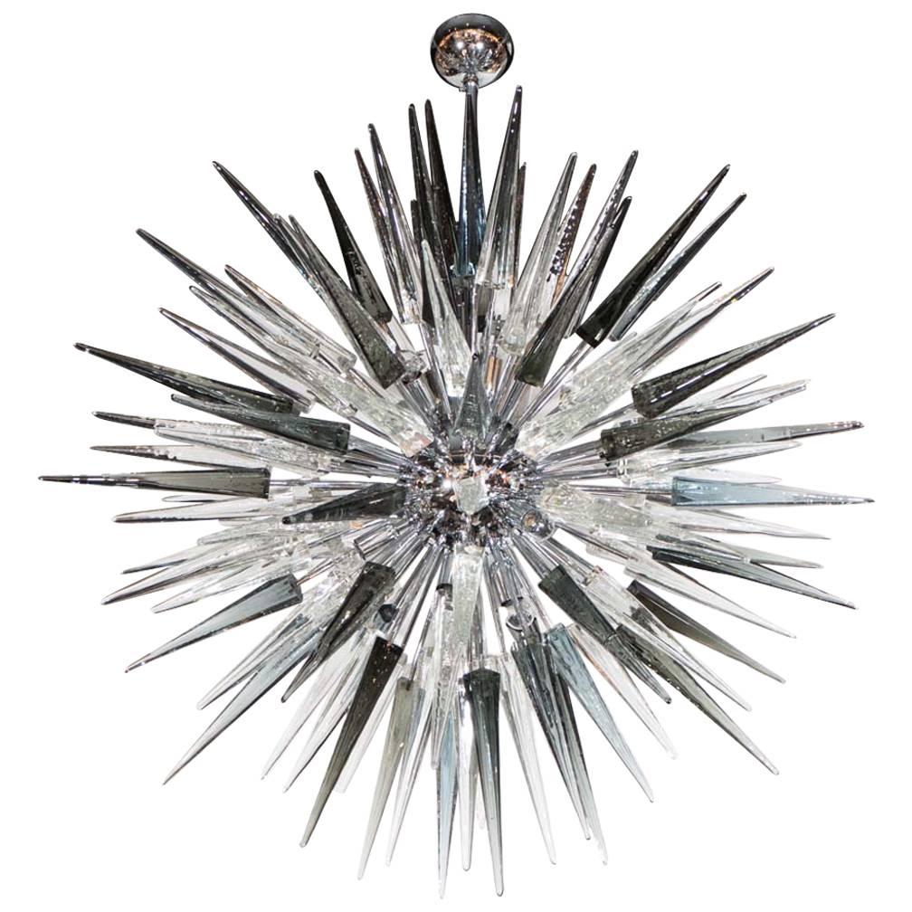 Modernist Handblown Smoked Murano Glass Starburst Chandelier in Polished Nickel