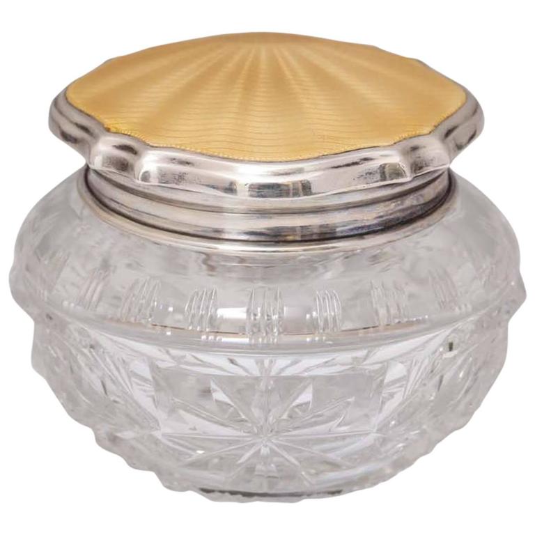 Art Deco Sterling Silver and Guilloche Enamel, Mounted Cut Crystal