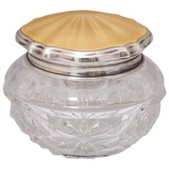 Art Deco Sterling Silver and Guilloche Enamel, Mounted Cut Crystal Powder Jar