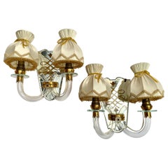 Pair of Antique Mirrored Brass Wall Sconces With Textile Shades, Art Deco, Italy