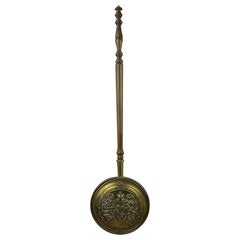 Antique Brass and Oak Bed Warmer With Repousse Armorial. English C.1900
