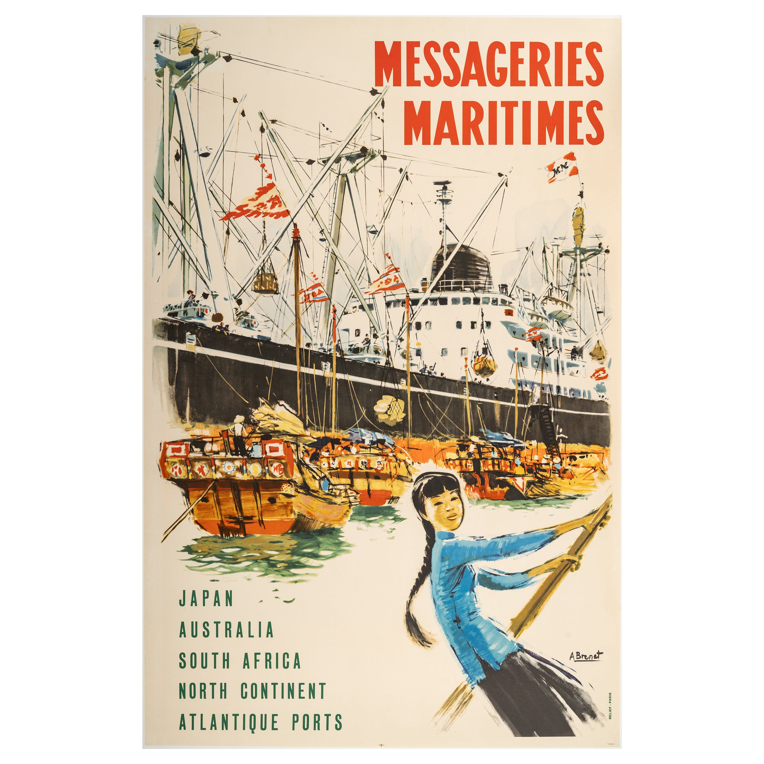 A. Brenet, Poster di viaggio originale, Messageries Maritimes, Navigazione, Giappone, 1954