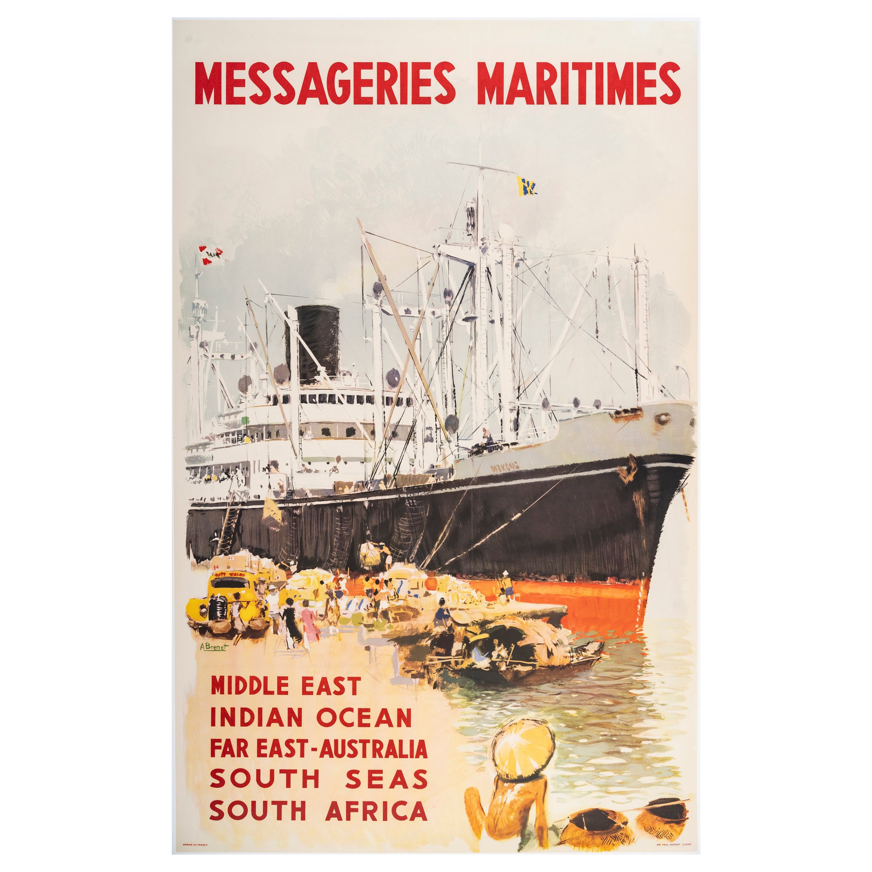 A. Brenet, Poster di viaggio originale, Messageries Maritimes, Medio Oriente, Mare 1959
