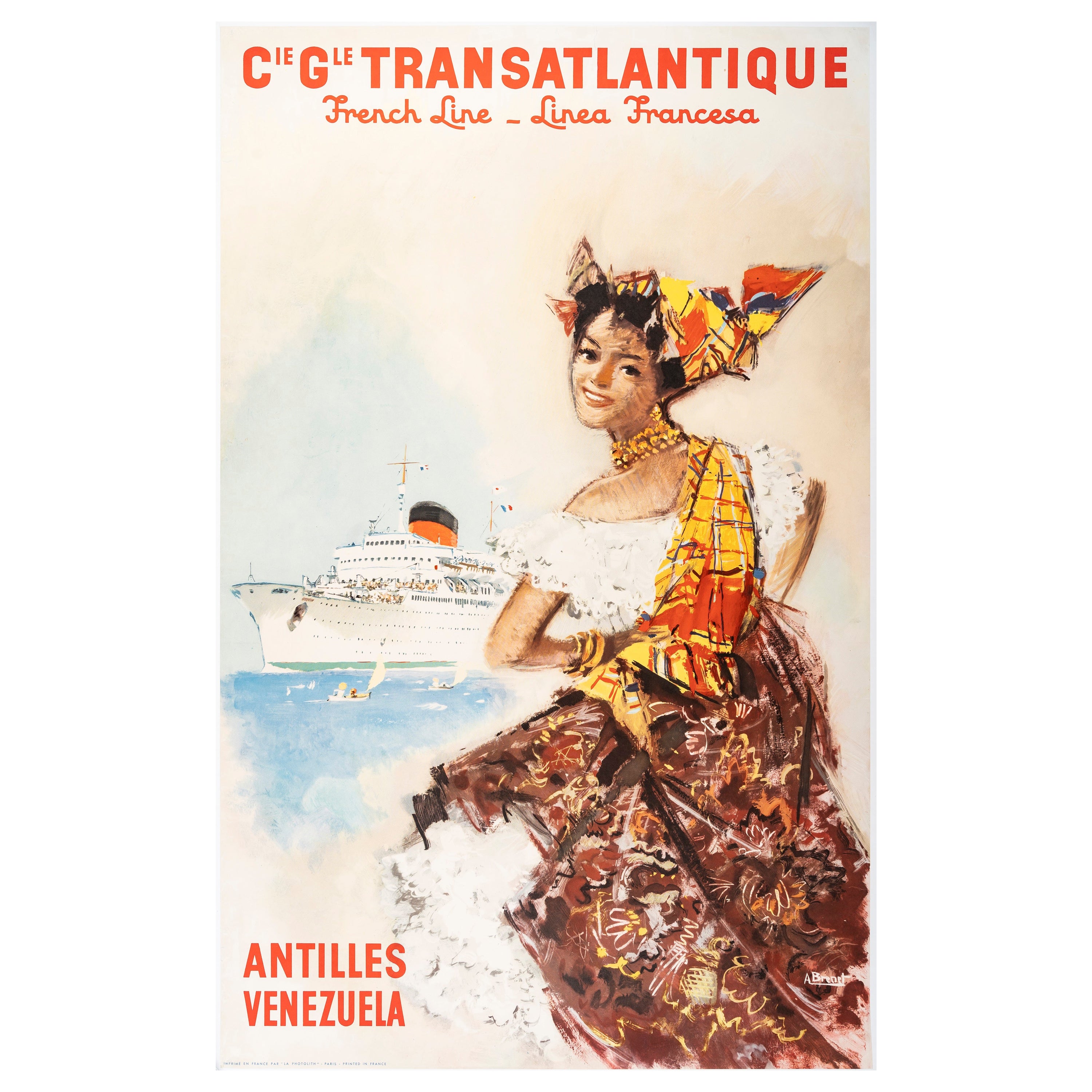 A. Brenet, Poster di viaggio originale, Transatlantique, Antille, Venezuela, nave di linea 1950