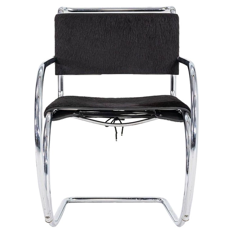 1960s Mies Van Der Rohe for Knoll MR 20 Dining Chair w/ Arms in Hair on Hide For Sale