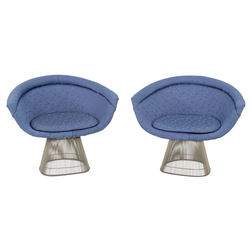 1960s Warren Platner for Knoll Lounge Chairs Nickel w/ Blue Fabric 4x Available