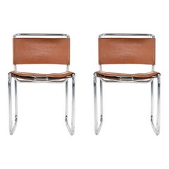 1970s Pair of Nicos Zographos CH66 Brown Leather Cantilever Side Chairs