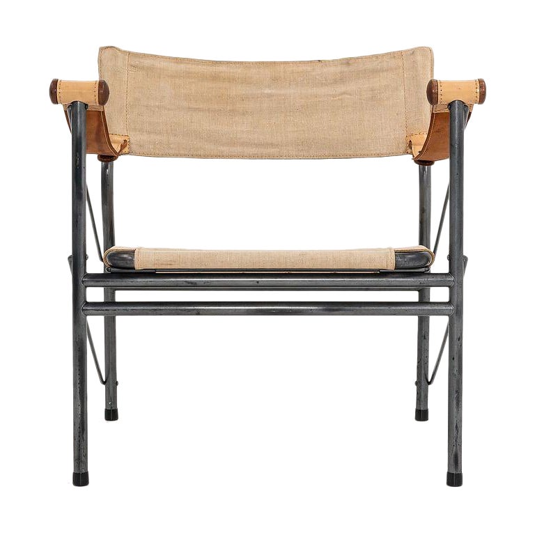 Silla Safari Plegable Joe Colombo 907 de los años 70 en lino, cuero, madera y acero en venta