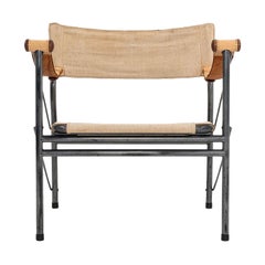 1970s Joe Colombo 907 Folding Safari Chair in Linen, Leather, Wood and Steel