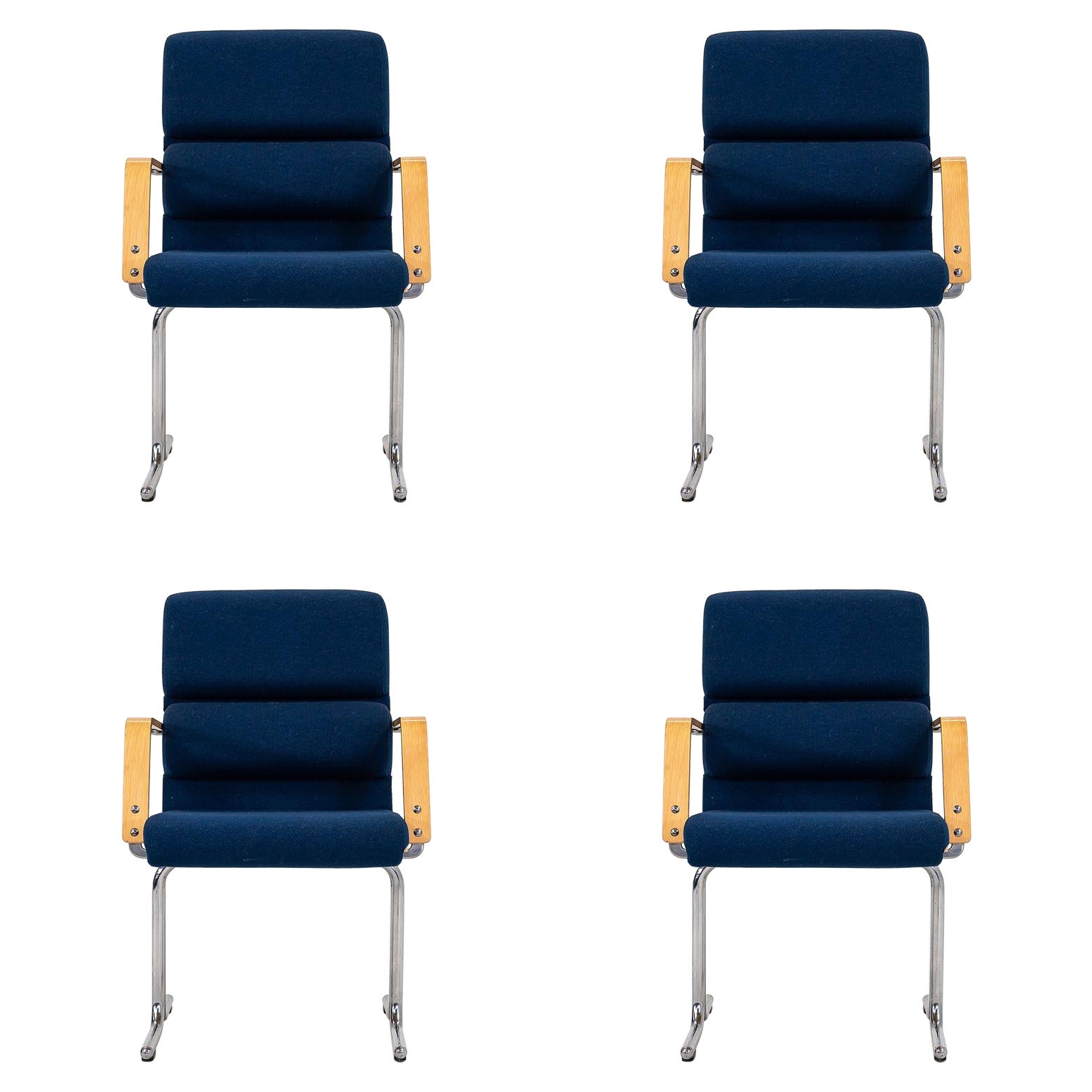 1970s Set of 4 Yrj√∂ Kukkapuro Plaano Dining Arm Chairs for Avarte Blue Fabric For Sale