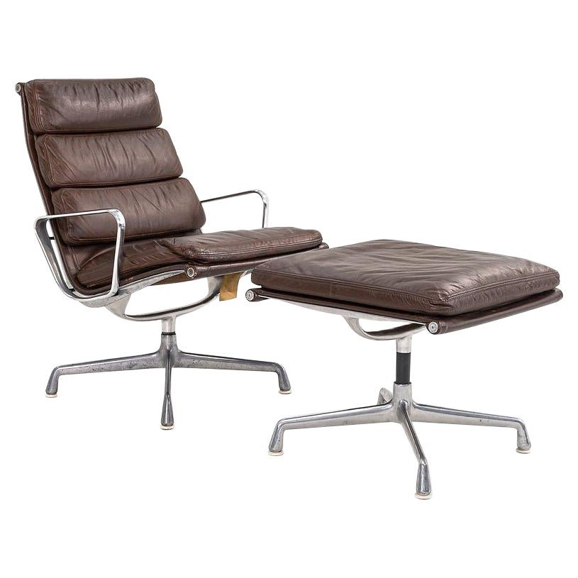 1975 Herman Miller Eames Soft Pad Lounge Chair and Ottoman in Leather w/ Fabric