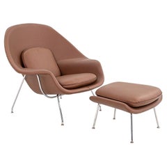 1980s Eero Saarinen for Knoll Womb Lounge Chair w/ Ottoman in Brown Leather
