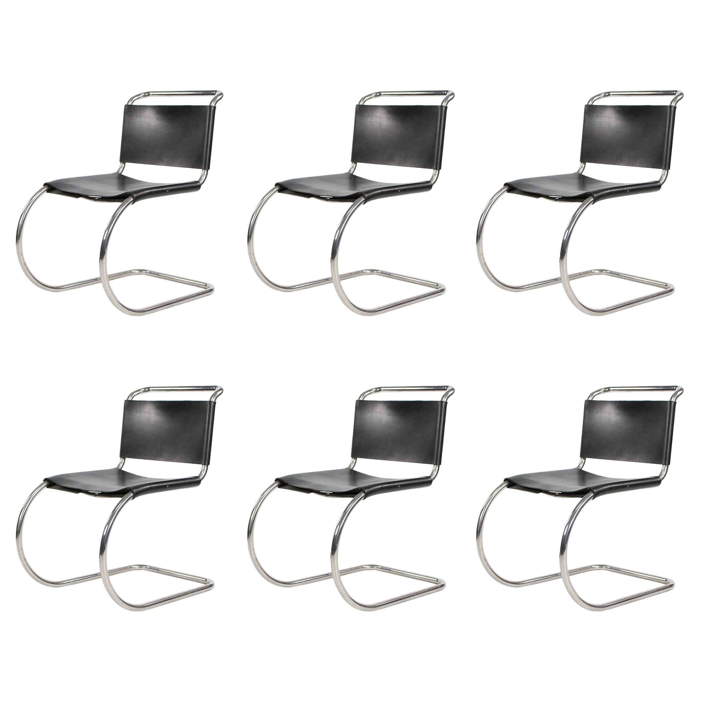 1980s Set of Six Mies van der Rohe MR10 and MR20 Steel and Leather Dining Chairs